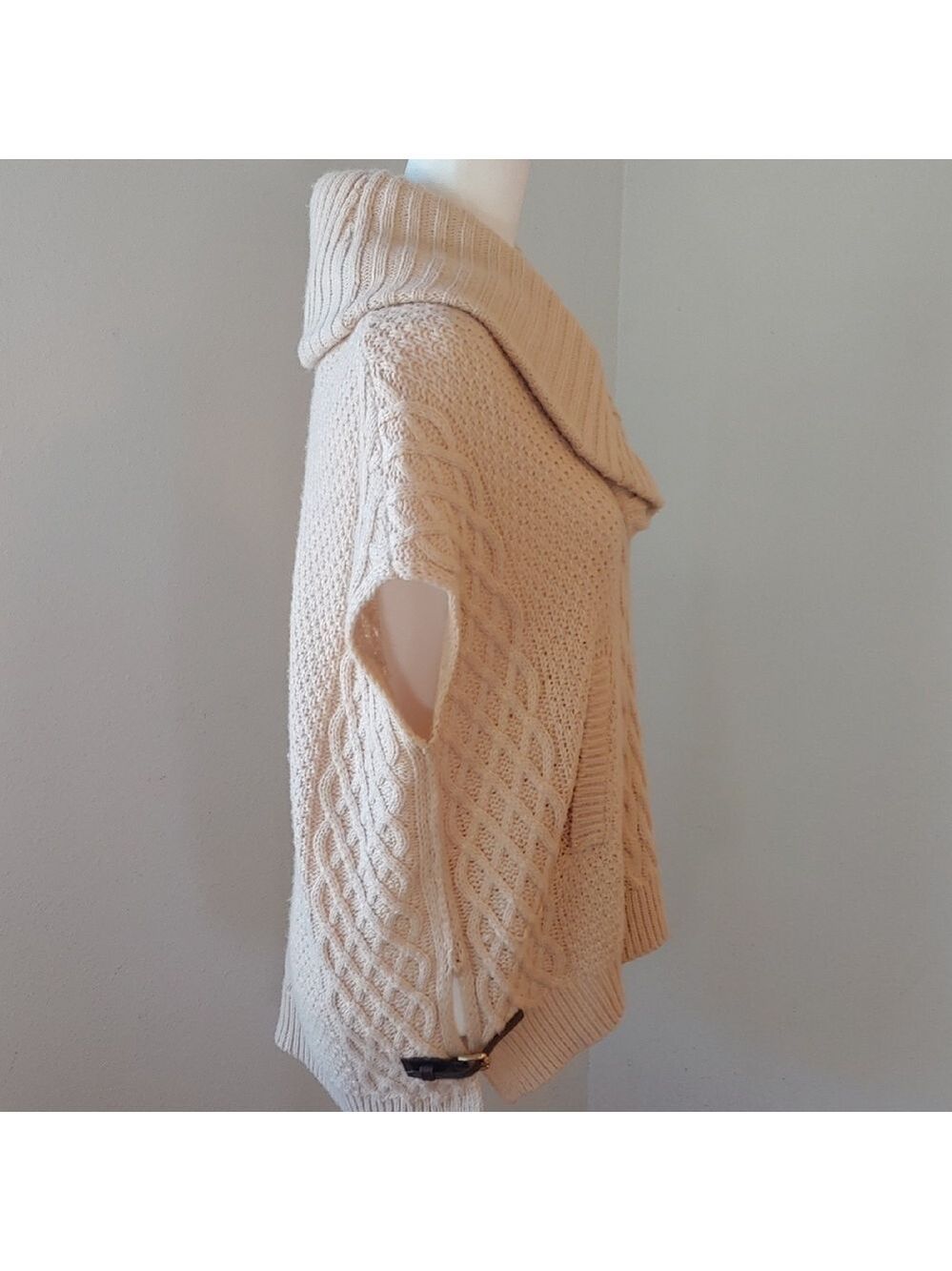 Saks Fifth Ave Wool Blend Cream Cable Knit Cowl Sweater with Side Belts Small - Picture 12 of 16